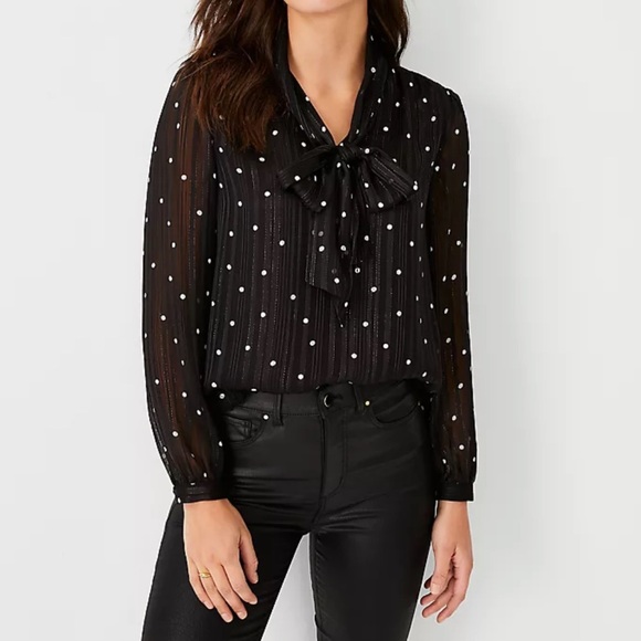 Ann Taylor Black Shimmer Dotted V-Neck Button Down Bow Blouse - Picture 1 of 14